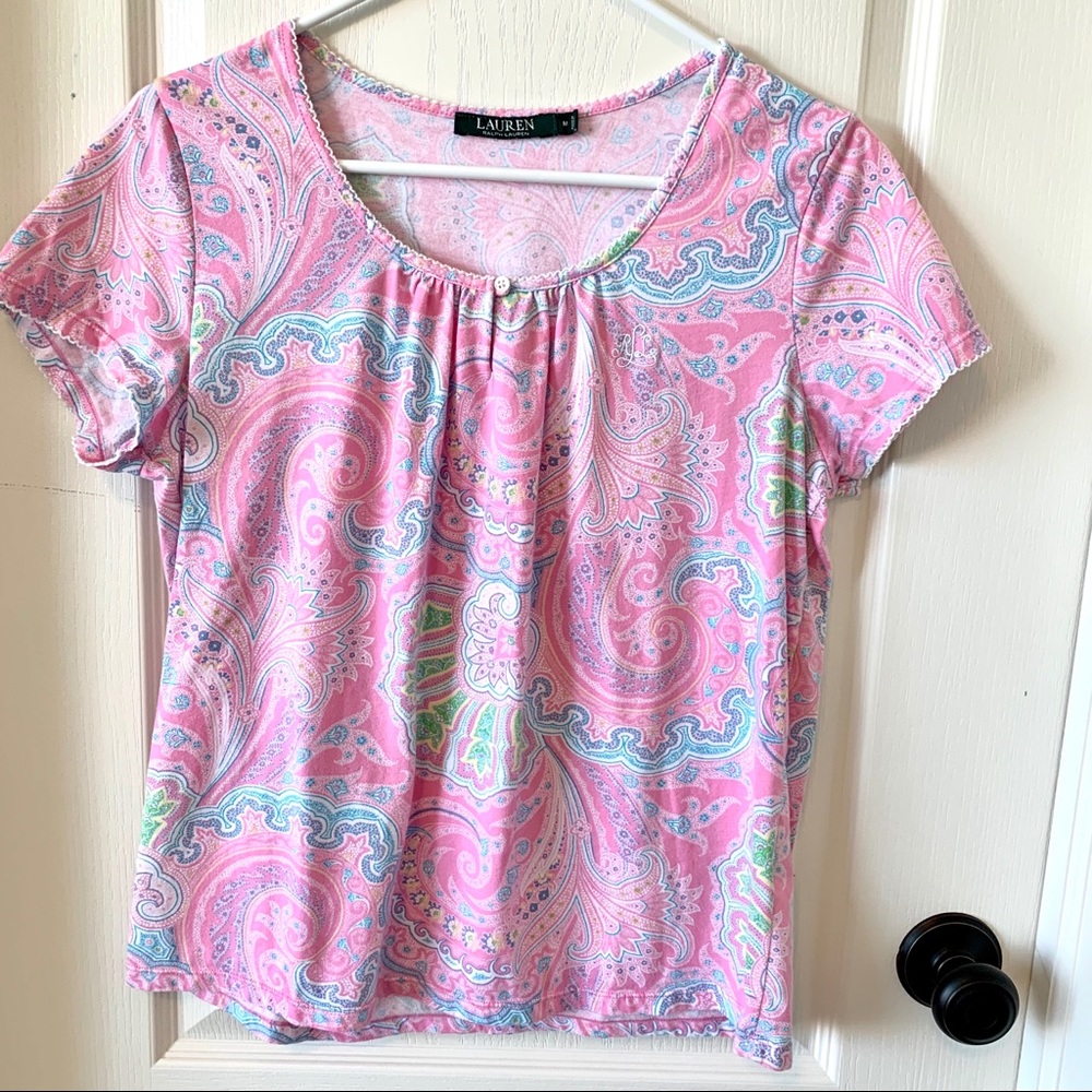 LAUREN RALPH LAUREN Pink Paisley Short Sleeved Top—SZ. Medium - Picture 4 of 8